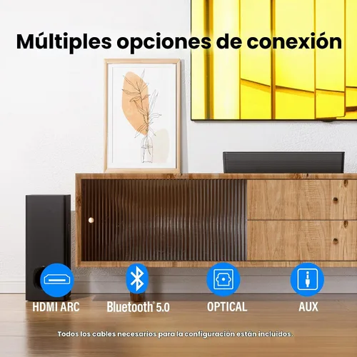 Vista 3 de Barras de sonido compactas 2.1 para TV con subwoofer, conexión HDMI ARC/Bluetooth 5.0/Óptica/AUX/RCA, control remoto, graves ajustables, montaje