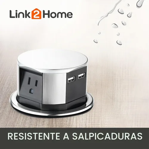 Vista 4 de Link2Home Paquete de 2 enchufes emergentes que ahorran espacio con USB, 3 tomas de corriente de 15 A, 2 puertos USB de 2.4 A de carga rápida