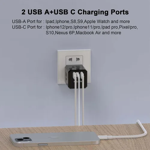 Vista 4 de Cruise Ship Essentials, divisor de salida de 3 lados con 3 puertos USB (1 USB C) cargador de pared USB, extensor de salida para el hogar, oficina