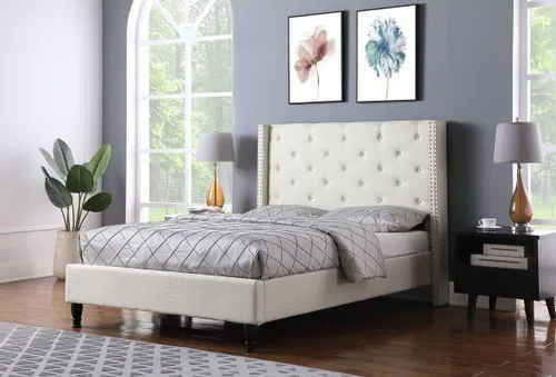 Vista 2 de Base de cama de plataforma tapizada completa con cabecero de 51 pulgadas de alto, cama de tela copetuda con botones, soporte de listones de madera