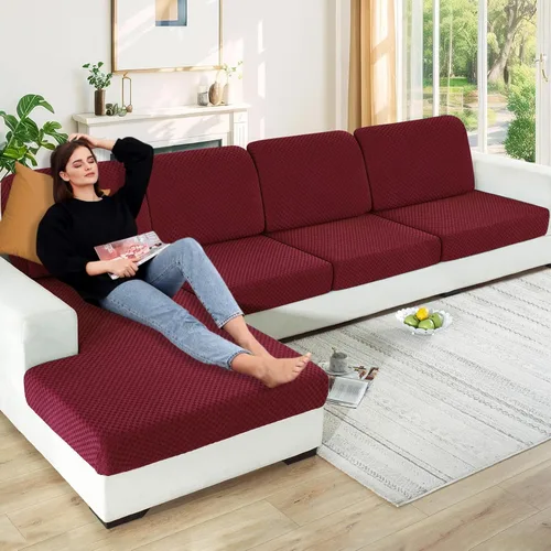 Vista 68 de YEMYHOM Funda de cojín para sofá, funda de cojín de asiento de alta elasticidad, tela jacquard geométrica de felpa, protector de sofá antideslizante