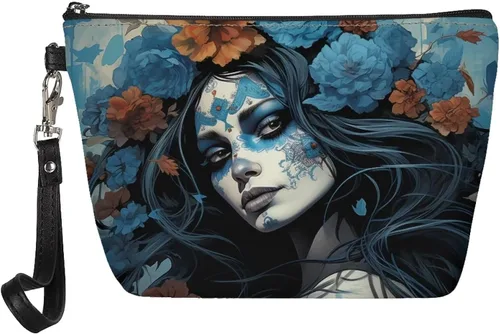 Vista 9 de Howilath Abstract Art Cat Cosmetic Pouch for Women PU Leather Toiletry Storage Bag Trapezoid Makeup Bags with Wrist Strap