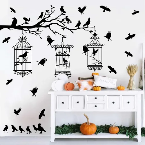 Vista 3 de Calcomanías de pared de ramas de árbol de Halloween, cuervo negro, pájaro, pájaro, pelar y pegar, calcomanías de cuervo para jaula de pájaro, Jaula