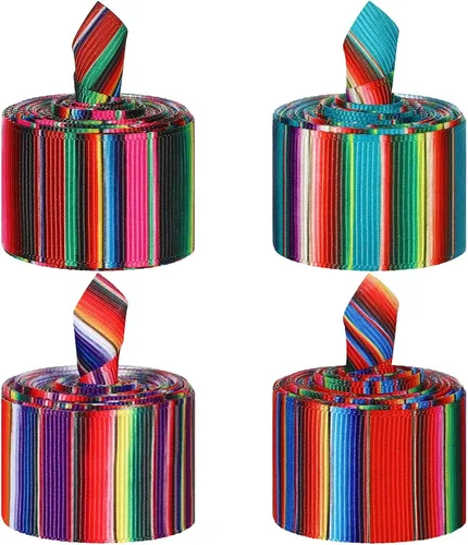 Vista 8 de Cinta de Serape mexicano para fiesta, 4 rollos de cinta de rayas de arco iris, cinta mexicana para fiesta, cinta de grogrén colorida para envolver