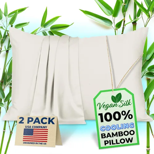Vista 10 de Fundas de almohada 100% viscosa derivada de bambú - Funda de almohada refrescante - Tamaño estándar, crema, juego de 2 con cremallera
