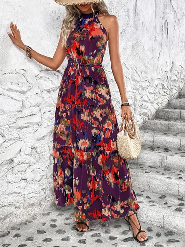 Vista 5 de WDIRARA Vestido largo sin mangas con estampado floral y dobladillo con volantes, acampanado, para verano