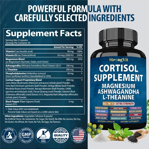 Vista 7 de StrongVit Suplementos de cortisol para mujeres y hombres con magnesio, ashwagandha y L-teanina. Reductor alto de cortisol, gestor, desintoxicación