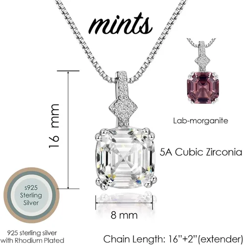 Vista 6 de Mints Collar con dije de morganita y corte Asscher de 2 quilates, plata de ley, joyería fina para mujer, Gema