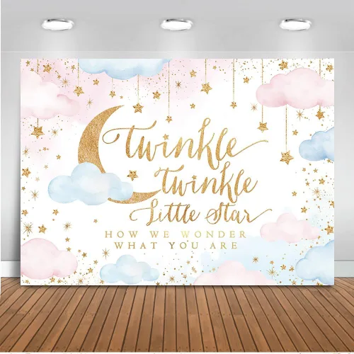 Vista 9 de Mocsicka Twinkle Twinkle Little Star - Telón de fondo beige para revelación de género para fiesta de niño o niña, decoración de nube y luna, baby
