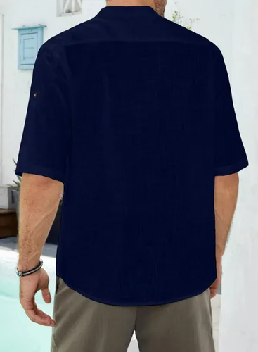 Vista 2 de JMIERR Camiseta Henley de manga corta para hombre con textura de lino y algodón estilo hippie