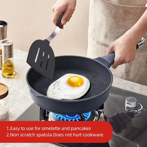 Vista 3 de Juego de espátulas de silicona grandes y delgadas, resistentes al calor, 600 ° F, utensilios de cocina flexibles ranurados para utensilios de cocina