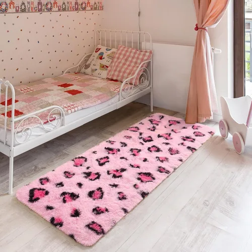 Vista 4 de BENRON Alfombras de pasillo rosas para dormitorio de niñas, estampado de leopardo, 2 x 6 pies para decoración de habitación de niños, guardería