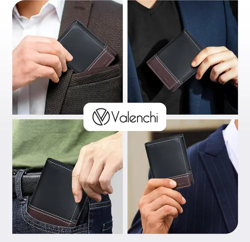 Vista 7 de Cartera de cuero genuino RFID bloqueo delgado Trifold para 6 tarjetas+1 ventana de identificación+2 compartimentos de anotaciones., cartera Rfid, S