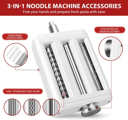 Vista 5 de Accesorio para hacer pasta para mezcladores Kitchenaid/Cuisinart, fabricante de fideos 3 en 1, juego de rodillos de pasta, cortador de espaguetis