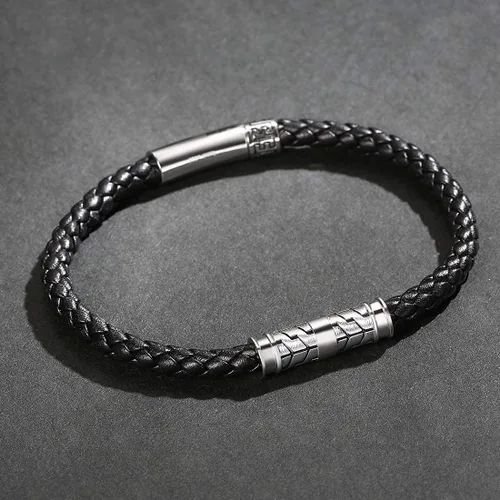 Vista 2 de Carleen Destination - Pulsera de cuero genuino de plata de ley 925 para hombre, cuerda trenzada con dije de energía, cierre de botón de bloqueo, 7.5