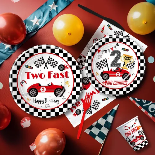 Vista 4 de Decoración de fiesta de cumpleaños de 2º cumpleaños de coche de carreras, vajilla para niños, decoración de cumpleaños de dos curiosos y dos
