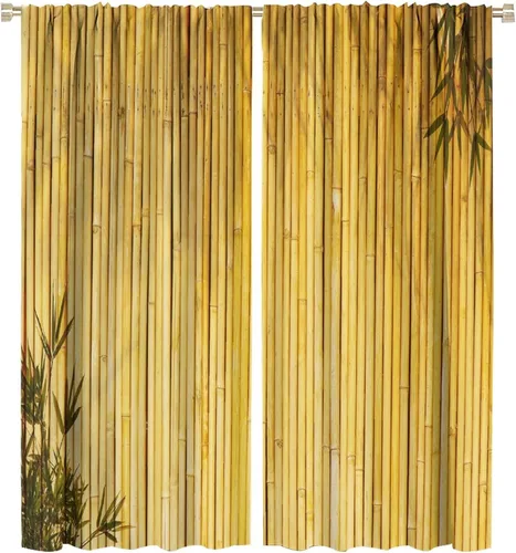 Vista 37 de Cortinas con estampado de bambú, tallos y hojas de bambú, temática oriental natural, oscurecimiento de habitación, ventana, ventana, cortina