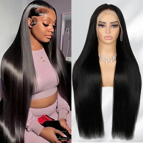 Vista 12 de MOONBAY Pelucas de cabello humano lacio con encaje frontal HD de 22 250 Color negro
