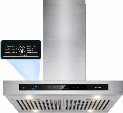 Vista 10 de BRANO - Campana extractora Island de 30 pulgadas con 900 CFM, 4 velocidades, control de voz/gestos/táctil, convertible con conductos/sin conductos