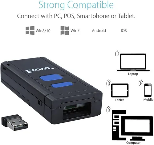 Vista 4 de Eyoyo Mini escáner de código de barras inalámbrico 1D Bluetooth, Bluetooth 3 en 1 y conexión inalámbrica y cableada 2.4G, lector de código de barras