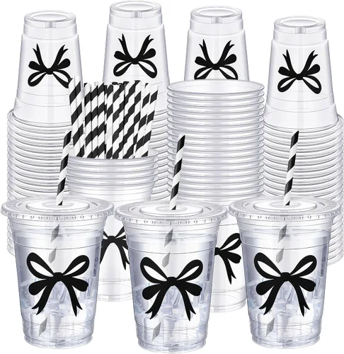 Vista 13 de Sliner - 50 vasos de plástico desechables de 16 onzas con pajilla, lazo