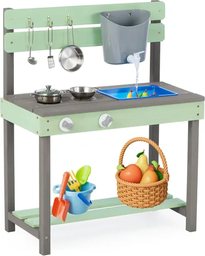 Vista 9 de Cocina de madera para niños, cocina de barro al aire libre con juego de agua y juguetes de cocina, juego en el patio trasero para niños de más de 3