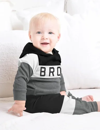 Vista 3 de Ropa de bebé niño de manga larga, sudadera con capucha con estampado de letras + pantalones de retazos, 2 piezas, trajes de otoño e invierno