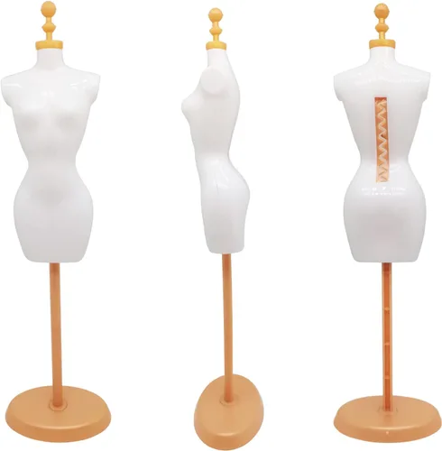 Vista 6 de Forma de vestido de maniquí de muñeca con soporte de base para diseño de ropa y exhibición de joyas de disfraces (oro negro, 4 piezas)