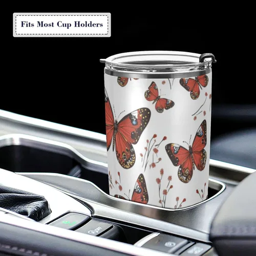 Vista 5 de Taza de café de acero inoxidable con diseño de mariposa roja, tapa a prueba de fugas y pajita para agua, té helado o café, vaso aislado al vacío