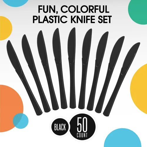 Vista 3 de Exquisite Cuchillos de plástico negro, 50 piezas, cuchillos negros, utensilios desechables, juego de cubiertos de plástico resistente