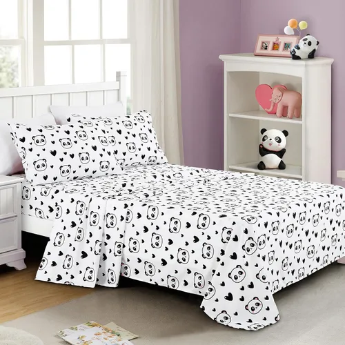 Vista 15 de Chezmoi Collection Juego de sábanas de 3 piezas para niños y adolescentes, microfibra suave, color blanco y negro, estampado de corazones de panda