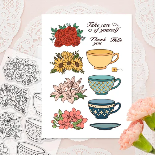 Vista 3 de GLOBLELAND Sellos transparentes para tazas y flores, de silicona, para hacer tarjetas, manualidades, álbumes de recortes, manualidades, álbum