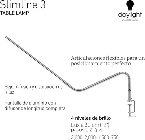 Vista 5 de Daylight Company, LLC U35108 Lámpara de mesa Slimline 3 - LED - CRI de 80 - Cuidado de los ojos - 4 niveles de brillo, 3,000 LUX a 30 cm, 1,065