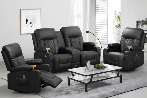 Vista 11 de YONISEE Juego de muebles de sala de estar, sofá biplaza reclinable de 2 plazas y silla reclinable giratoria de 360° con masaje, sofá reclinable