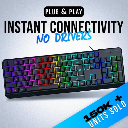 Vista 2 de KLIM Chroma - Teclado USB RGB para juegos, teclado de computadora con cable para PC, membrana, resistente al agua, duradero, respuesta de 2 ms
