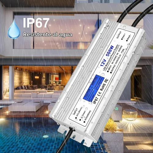 Vista 2 de Controlador LED de 500 W, fuente de alimentación impermeable IP67 de 12 V, CA 90-140 V a CC 12 V 41.6 A transformador de bajo voltaje con enchufe