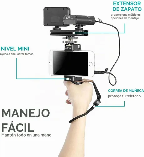 Vista 4 de Movo Kit de video inalámbrico para teléfono inteligente V2+ con trípode, agarre, micrófono de solapa inalámbrico, luz LED y control remoto,