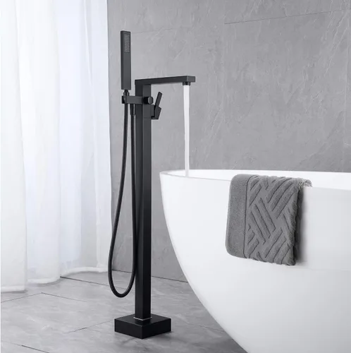 Vista 3 de Wowkk Grifo de bañera independiente Llenador de bañera Negro Montaje en el piso Grifos de baño Latón Manija única con ducha de mano