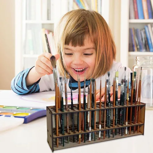 Vista 8 de Organizador de pinceles de madera para pintura, soporte de almacenamiento de 67 agujeros, soporte para pinceles de arte para niños