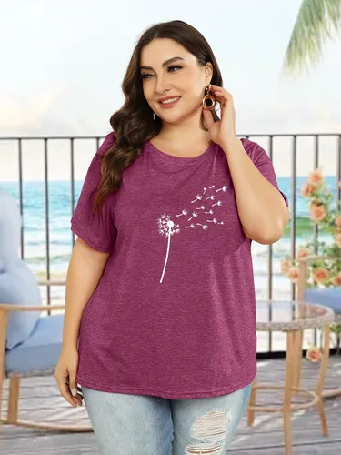 Vista 2 de Camiseta de verano para mujer, talla grande, con diente de león, manga corta, cuello redondo, holgada, casual