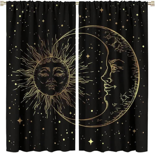 Vista 78 de Cortinas opacas con diseño de sol y luna, cuerpos celestes bohemios, con diseño de sol, luna y estrellas, para sala de estar, dormitorio, 42 x 45