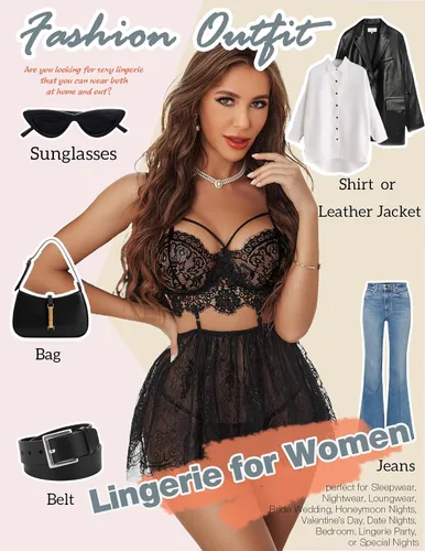 Vista 5 de Avidlove Lencería para mujer, babydoll de encaje con malla, camisón de noche