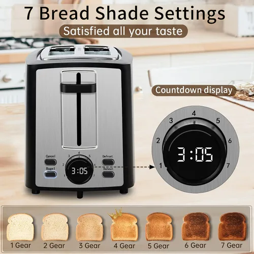 Vista 3 de SEEDEEM Tostadora de 2 rebanadas, tostadora de pan con pantalla LCD, 7 ajustes de sombra, tostadora de ranuras extra anchas de 1.4 pulgadas
