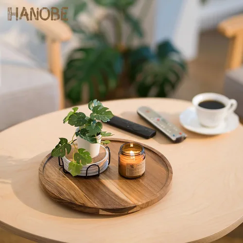 Vista 8 de Hanobe Bandeja de madera Lazy Susan: mesa giratoria redonda de madera de acacia bandejas decorativas para mesa de centro de mesa de centro de mesa