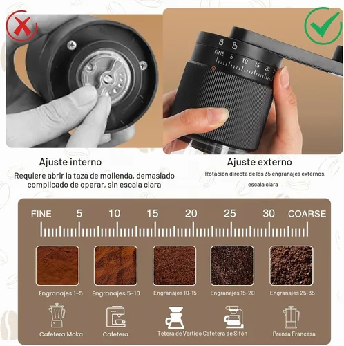 Vista 2 de Molinillo de café manual con rebabas cónicas de cerámica, grosor ajustable, molinillo de café de mano de capacidad de 1.06 oz para expreso, prensa