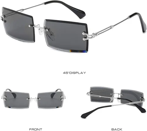Vista 4 de LASPOR Gafas de sol rectangulares sin montura retro para mujeres y hombres, lentes teñidas de metal dorado, sin marco, gafas cuadradas vintage