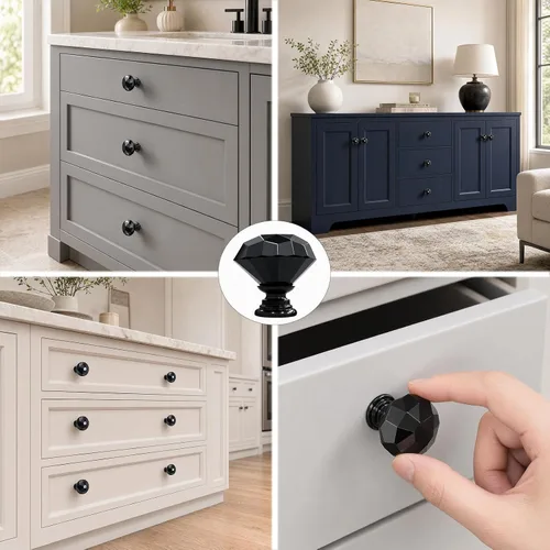 Vista 6 de 6 pomos de cristal de cristal de 1.18 pulgadas para cajones, pomos negros en forma de diamante, manijas con tornillos para cocina, baño, tocador