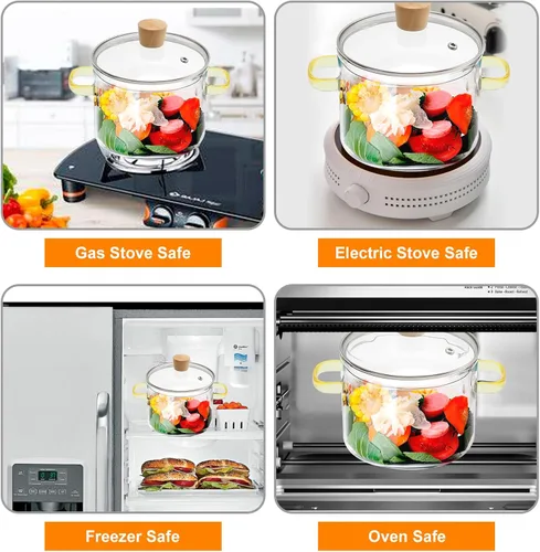 Vista 12 de Olla de cocina de vidrio transparente de 1.5L 2 litros con colador y tapa, resistente a la estufa con tapa, asas antiquemaduras, cacerola de vidrio
