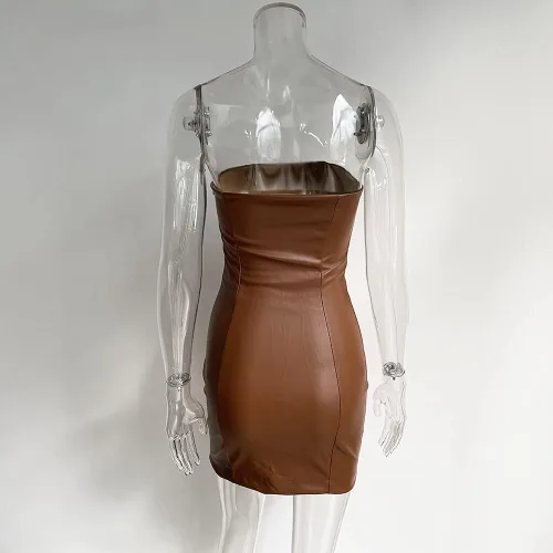 Vista 6 de XLLAIS Vestido sexy de mujer con hombros descubiertos, de piel sintética, sin tirantes, con parte superior de tubo, vestido ajustado para fiesta