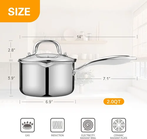 Vista 5 de Cyrosa Cacerola de 2.0 cuartos de galón con tapa, olla de acero inoxidable con tapa de colador, dos boquillas laterales para verter fácilmente